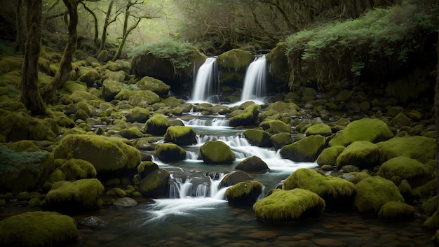 Waterval bergafwaarts in een rustige lagune omgeven door bemoste rotsen en weelderig groen