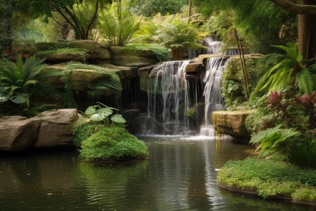 Waterval die overgaat in een serene vijver omgeven door weelderig groen