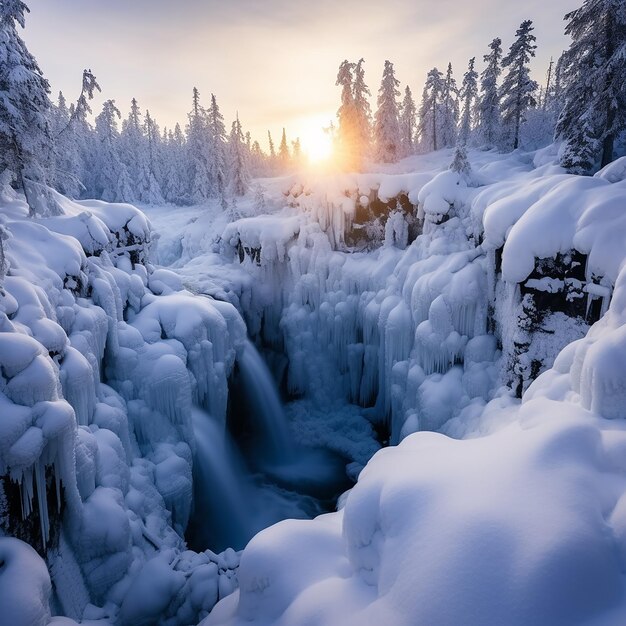 waterval en sneeuw in Noord-Finland