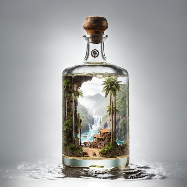 Waterval in een fles als concept van reizen en avontuur