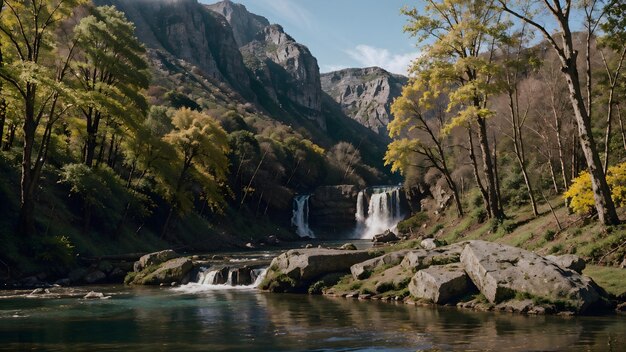 Waterval in het herfstbos Bergrivierlandschap achtergrondbehang