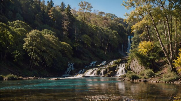 Waterval in het herfstbos Bergrivierlandschap achtergrondbehang