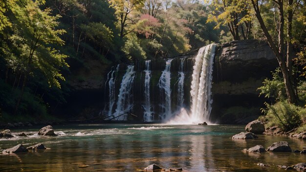 Waterval in het herfstbos Bergrivierlandschap achtergrondbehang