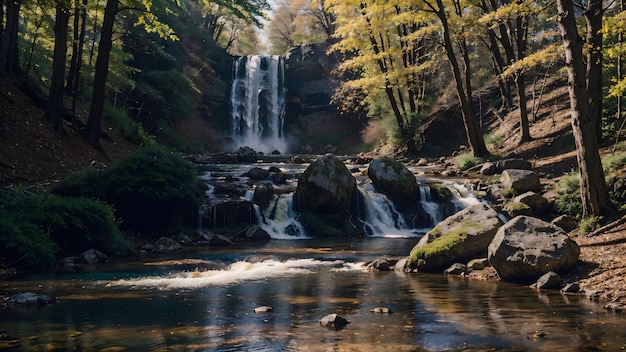 Waterval in het herfstbos Bergrivierlandschap achtergrondbehang