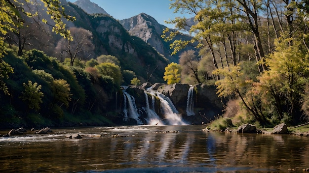 Waterval in het herfstbos Bergrivierlandschap achtergrondbehang