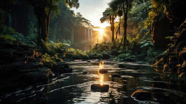 Waterval in tropisch bos geïsoleerd op de achtergrond van de zonsondergang