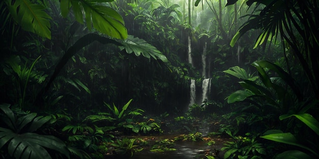 Waterval in wilde jungle Hevige regen Donker tropisch bos met exotische planten palmbomen grote bladeren en varens Eng struikgewas van het regenwoud Waterstroom natte groene vegetatie Generatieve AI