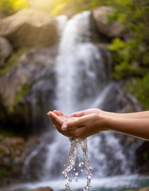 Foto waterval met helder water in haar handen