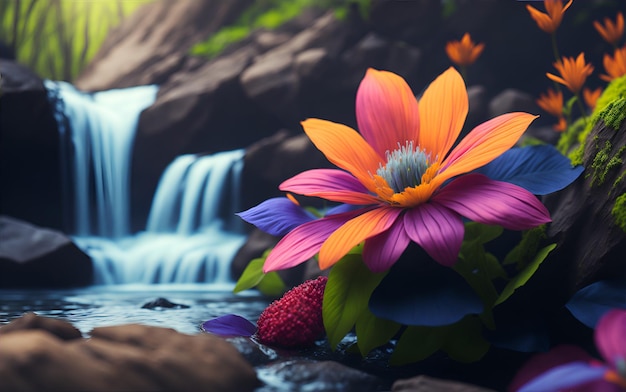 waterval met rivier en bloemen