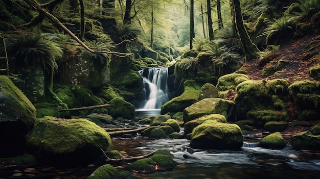 Waterval met rotsen en groen mos in het bos Generatieve AI