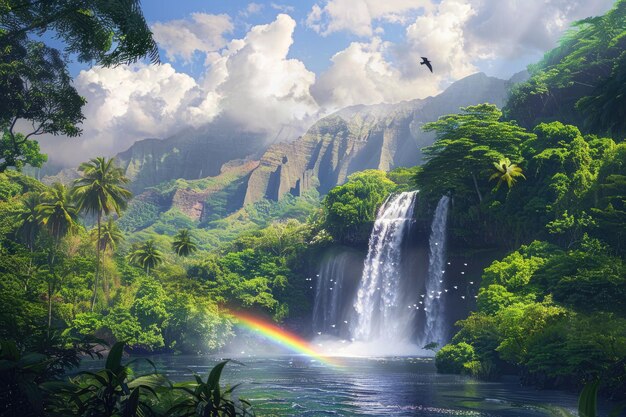 Waterval op Kauai met regenboog en vogel boven het hoofd