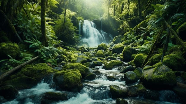 Waterval stroomt in een groen bos 8k UHD Generative Ai