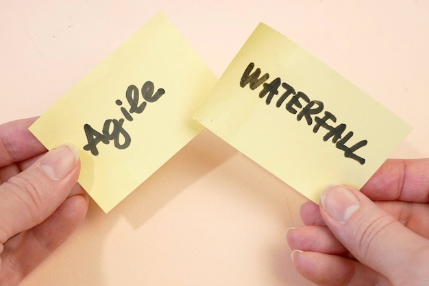 waterval versus agile papieren taak op gele achtergrond softwareontwikkeling methodologieën concept