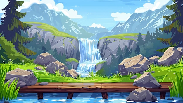 Watervallen in een bergvallei uitzicht vanaf een houten brug pier of dijk Vector cartoon illustratie van het zomerlandschap met groen gras rotsen waterstromen vallen van stenen en houten terras