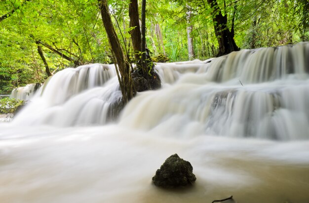 Watervalstroom in tropisch regenwoud, Thailand