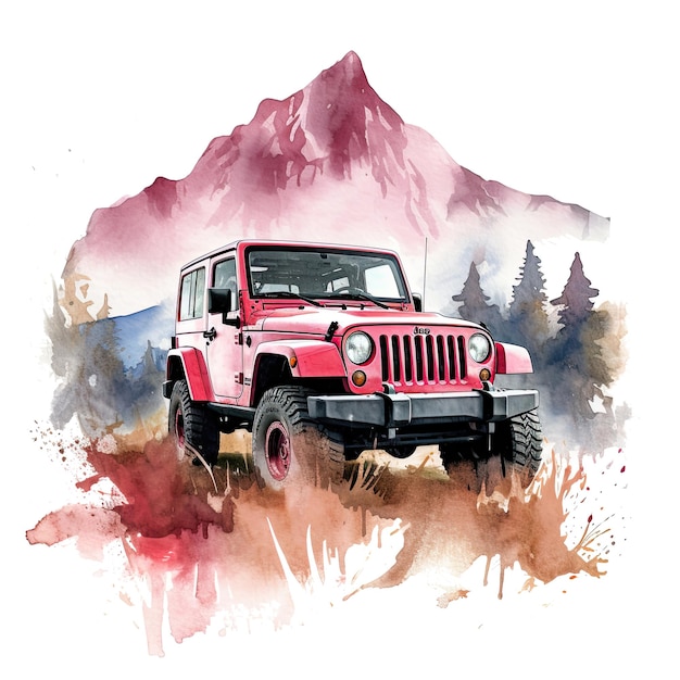 Waterverf 4x4 Off Road Jeep clipart witte achtergrond