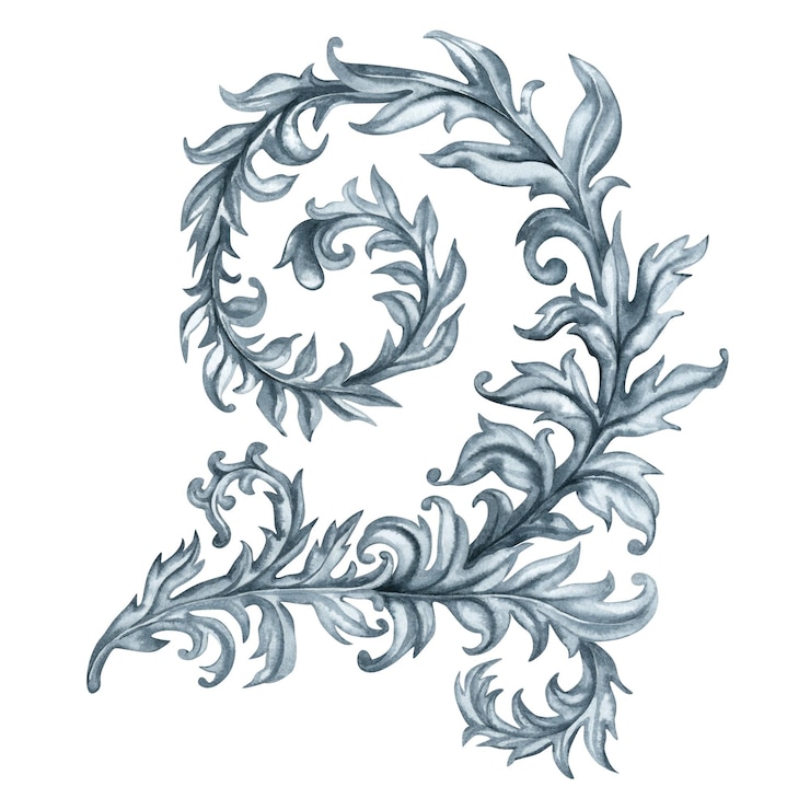 Foto waterverf abstract grijs monochroom plantpatroon en tekening van tak met bladeren