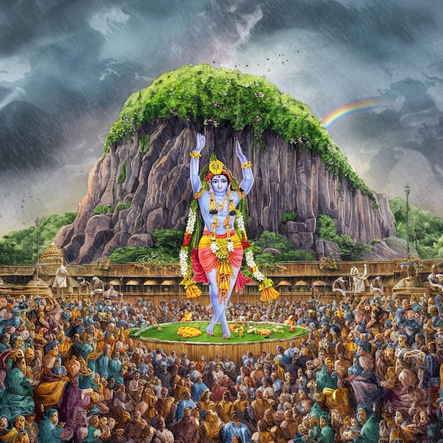 Foto waterverf afbeelding van lord krishna en govardhan