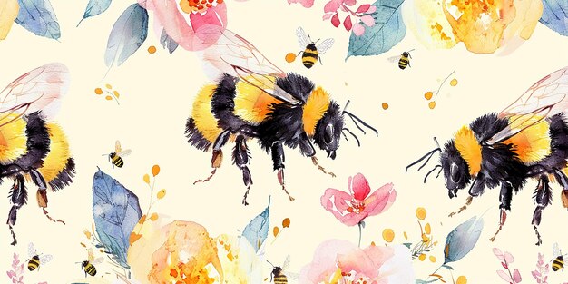 Waterverf Bijen en bloemen Naadloos patroon