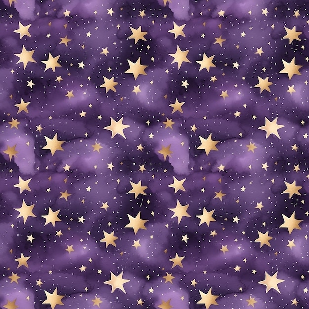 Waterverf boho schattige zwarte sterren op donkere paarse achtergrond naadloos patroon