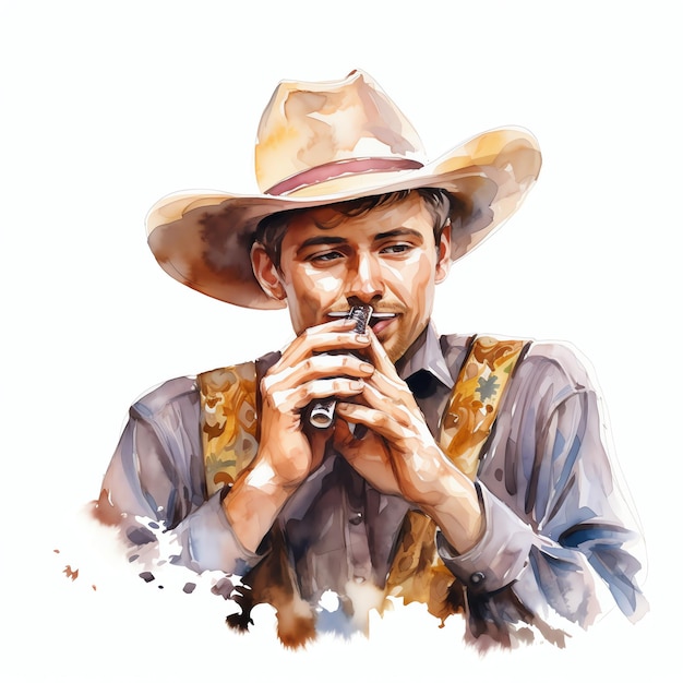 Waterverf cartoon Cowboy met een mondharmonica western wild west cowboy woestijn illustratie