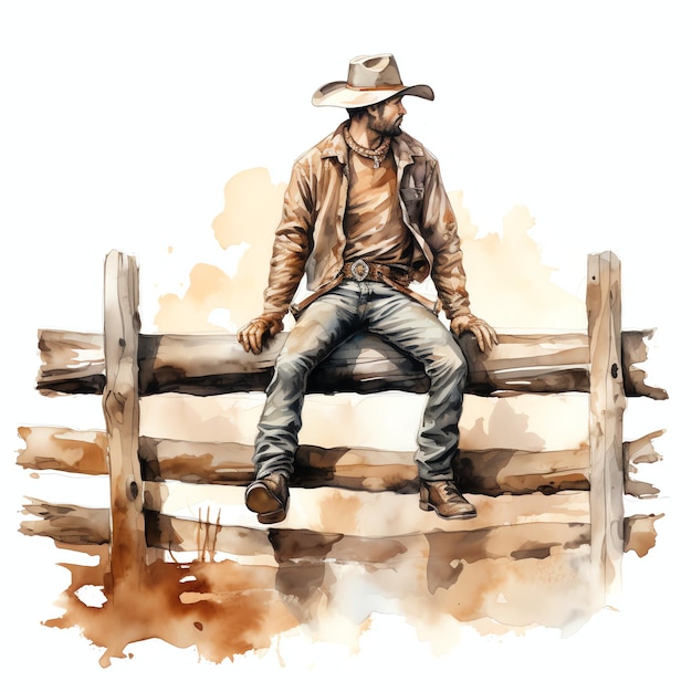 Waterverf cartoon Cowboy op een hek westerse wilde westerse cowboy woestijn illustratie clipart