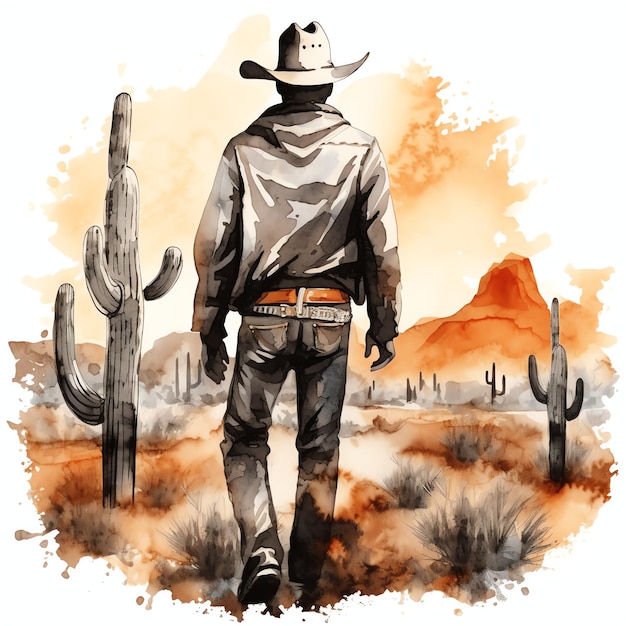 Waterverf cartoon Cowboy silhouet met cactussen achtergrond westerse wilde westerse cowboy woestijn