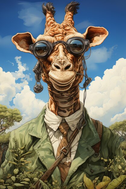 Foto waterverf cartoon illustratie van een vintage hipster giraffe met een monocle