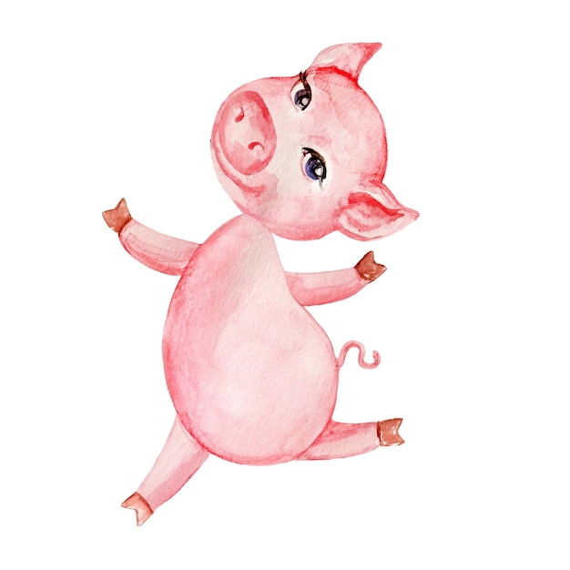 Waterverf cartoon schattig roze varken geïsoleerd op wit kleurrijke illustratie boer huisdier