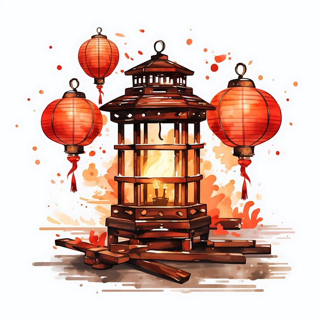 Waterverf China Theme Lantern Riddles Contest met rode lantaarns en R creatief kunstwerk