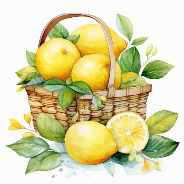 Foto waterverf citroenen en bladeren in een levendige wicker mand