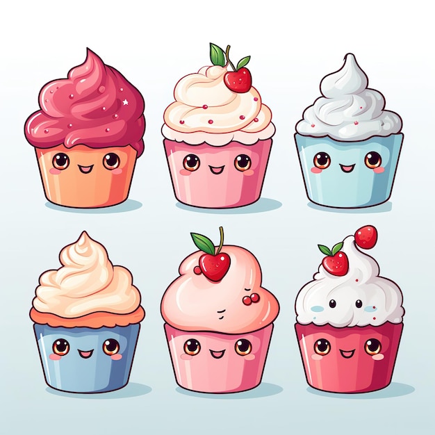 waterverf clipart set met witte achtergrond kawaii schattige cupcake