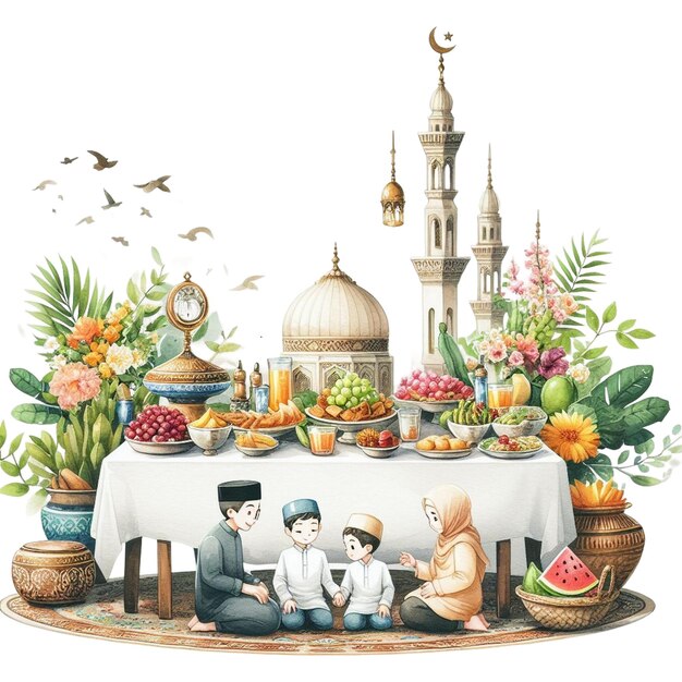 Foto waterverf clipart van een familie iftar breken van snelle scène met een tafel versierd met heerlijke