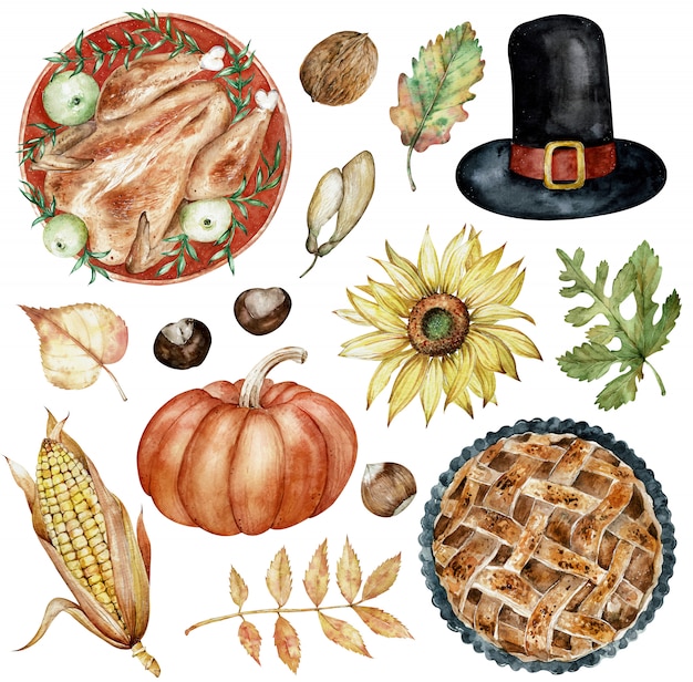 Waterverf clipart van thanksgiving day-elementen gebakken turkije, hoed, noten, zonnebloem, pompoen, herfstbladeren.