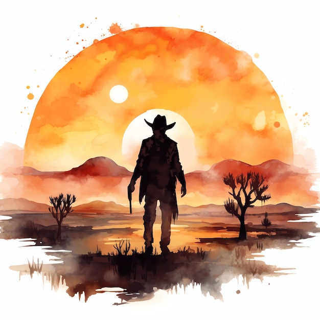 waterverf Cowboy silhouet met zonsondergang achtergrond western wild west cowboy woestijn illustratie