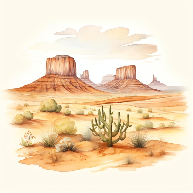 waterverf Desert buttes western wild west cowboy woestijn illustratie clipart