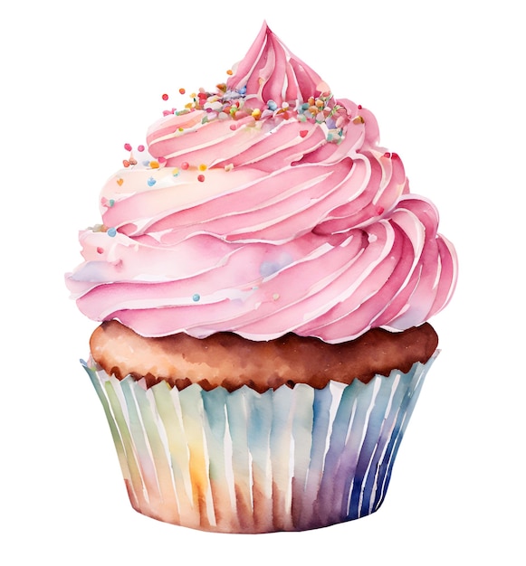 Foto waterverf en schilderen van cupcakes met bessen en kleurrijke snoepjes op aardbeiencrème