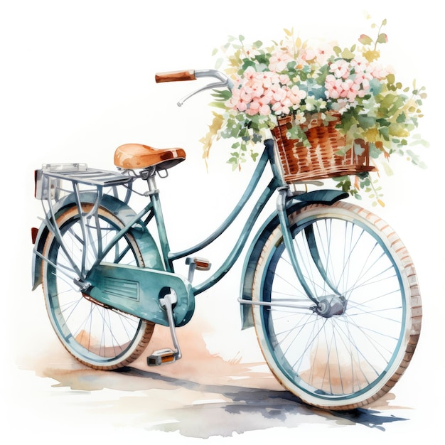 Foto waterverf fiets met bloemen in het mandje geïsoleerd op witte achtergrond