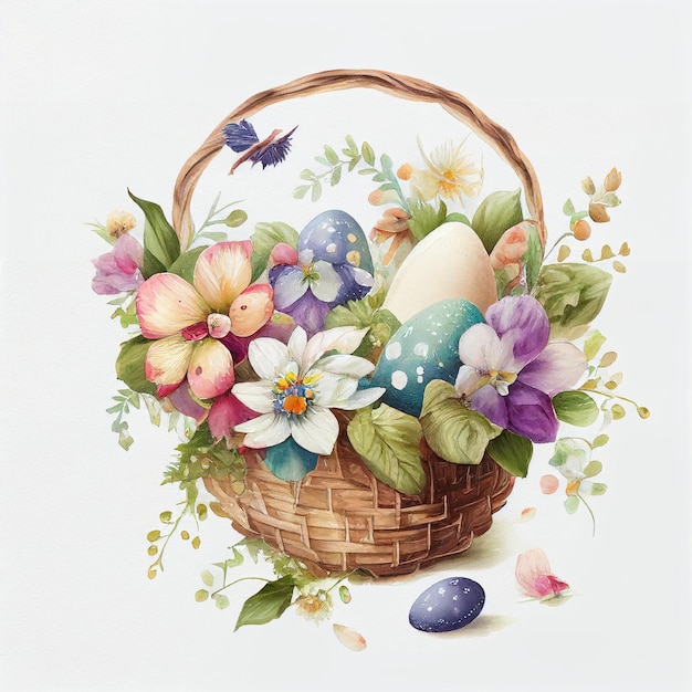 Waterverf Floral Easter Basket met eieren, generatieve ai