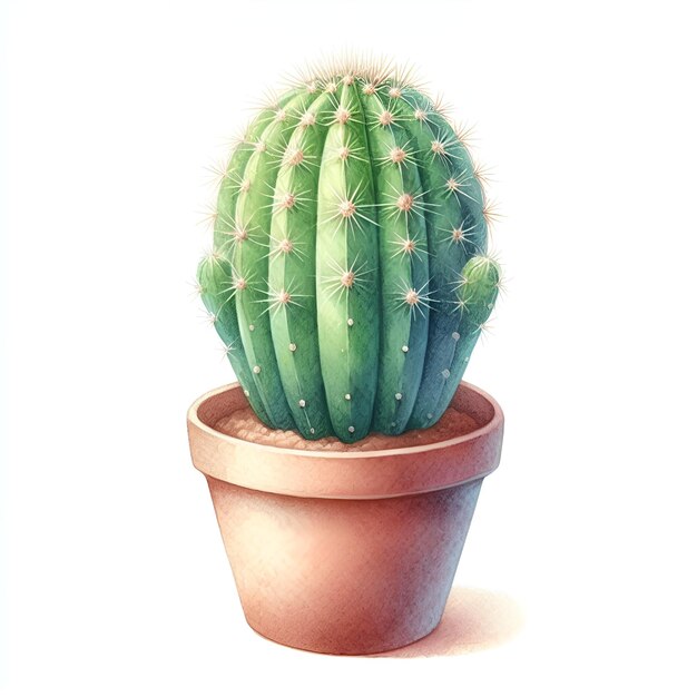 Foto waterverf gewoon cactus in pot geïsoleerd op witte achtergrond