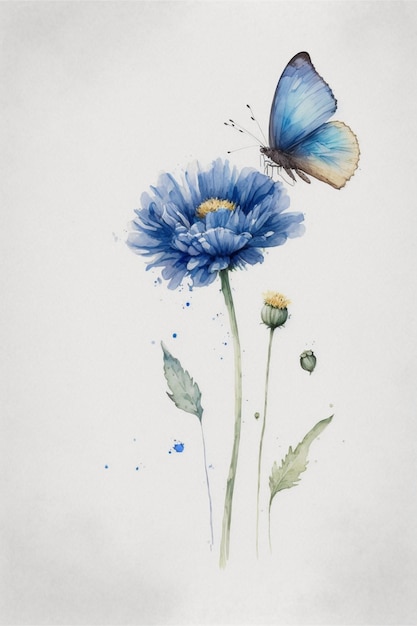 Waterverf het schilderen van een blauwe bloem en een vlinder generatieve ai