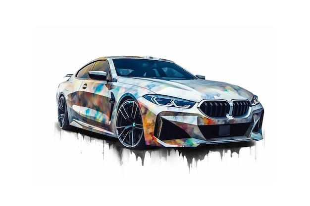 Waterverf het schilderen van een sportwagenillustratie op een witte achtergrond