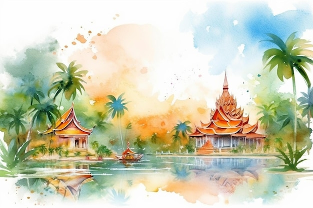 Waterverf het schilderen van een tempel in Thailand