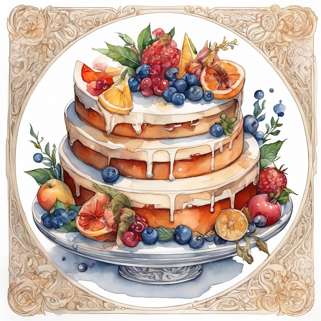 waterverf het schilderen van heerlijk dessertwaterverfcake met fruitbessen en bessenhand getrokken i