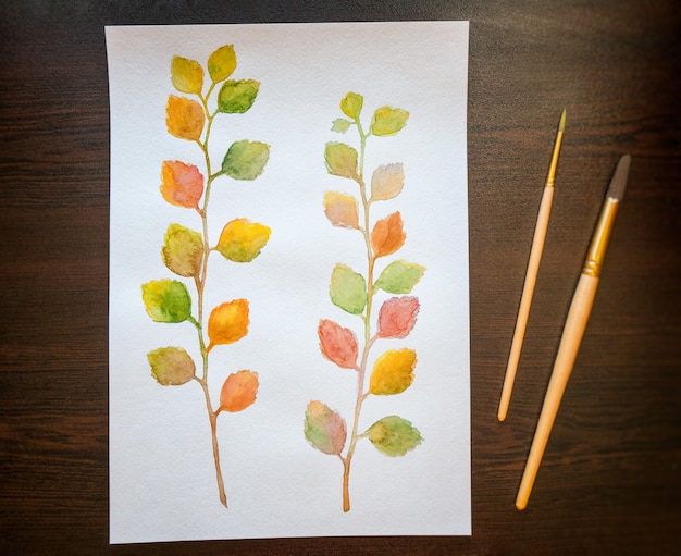 Foto waterverf het schilderen van kleurrijke de herfstbladeren. bovenaanzicht