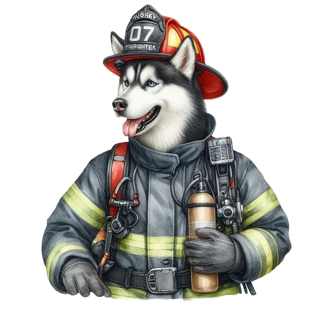 Foto waterverf husky hond brandweerman clipart