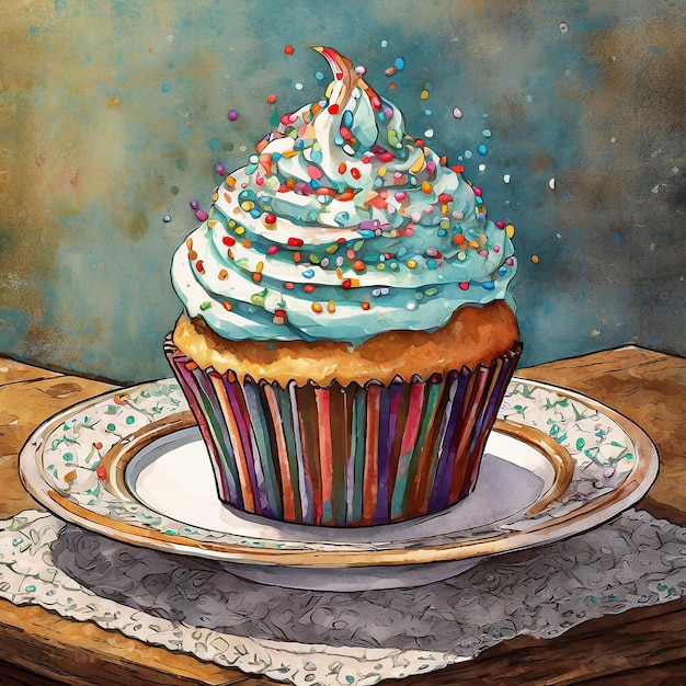waterverf illustratie mooie cupcake op een bord