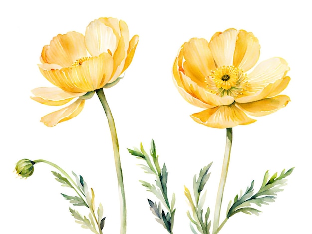 waterverf illustratie op witte achtergrond gele bloem weide buttercup bekend als Ranunculus acr