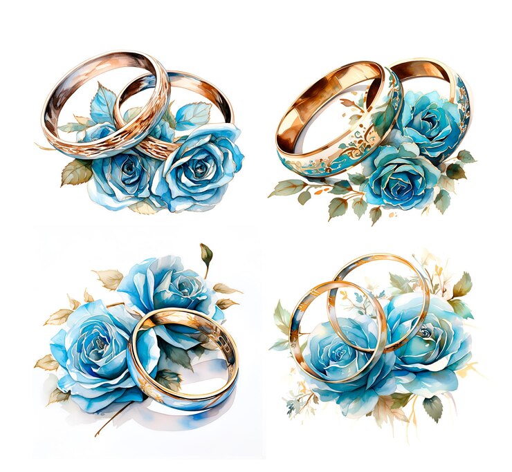 Waterverf illustratie trouwringen met bloemen turquoise