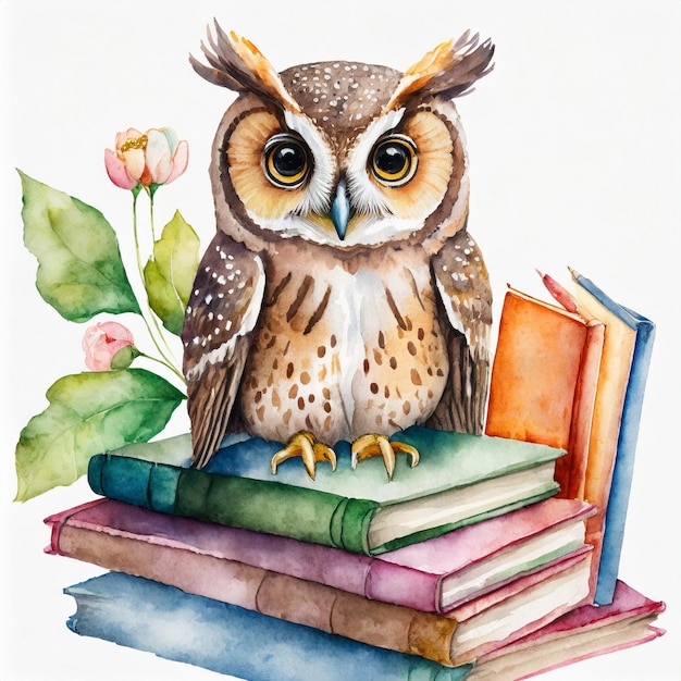 Waterverf illustratie uil op stapel boeken Onderwijsconcept vogel papierboeken bloemen